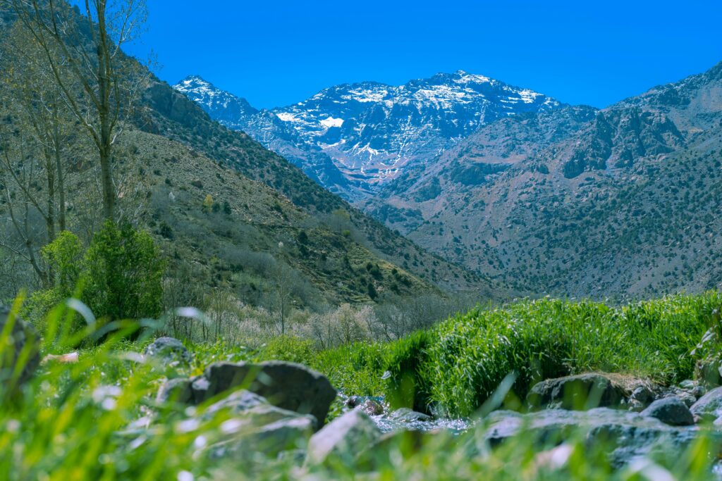 View of Morocco's scenic mountains, green valleys, and blue sky