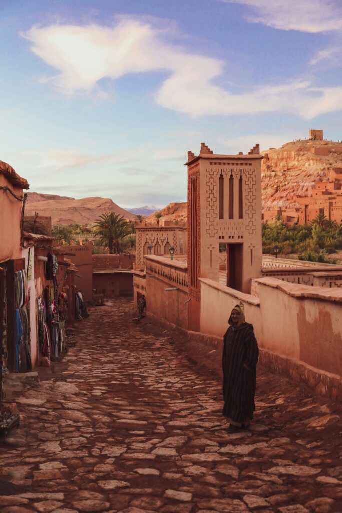 View of Ait Benhaddou, a historic kasbah near Ouarzazate, Morocco, and the edge of the Sahara Desert